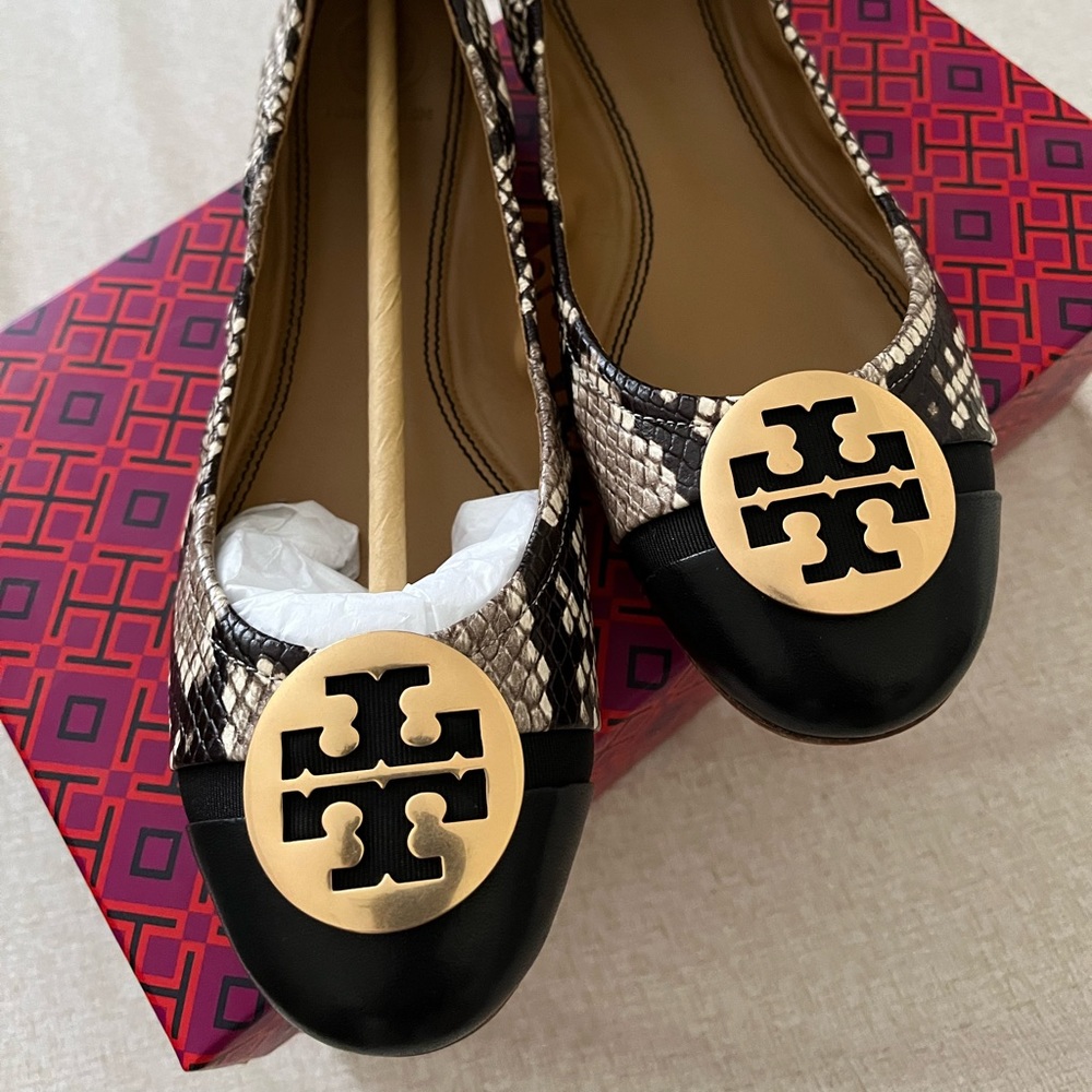 Tory Burch Minnie cap-toe ballet stamped snake printed leather flats
